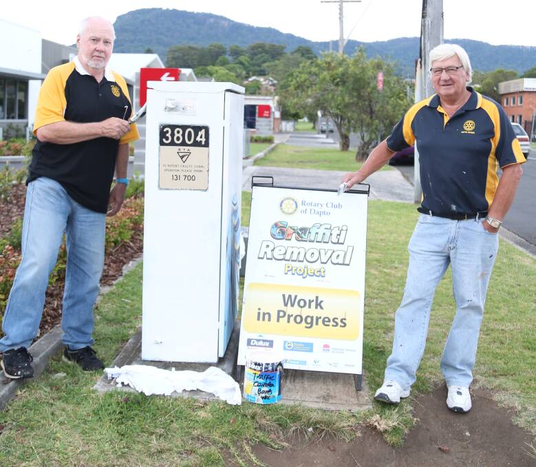 The Graffiti Busters: When there is something strange or weird painted in your neighborhood Dapto Rotarians Barry Hemley and Mick Chamberlain remove the things that don't look good. Picture: Greg Ellis.