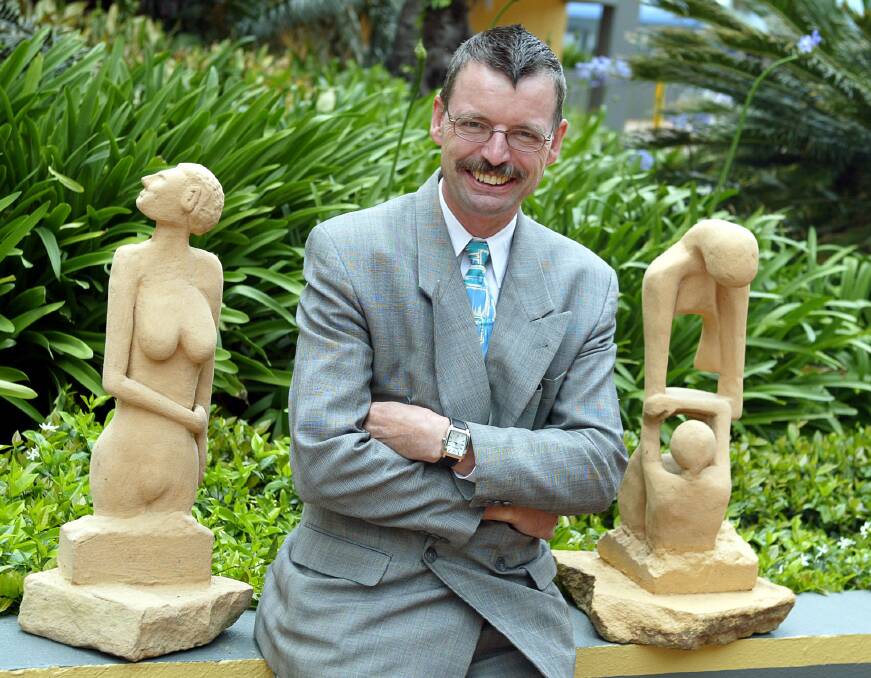 The artist: Walter Immoos with some of his sculptures at the Novotel Wollongong Northbeach. Picture: Andy Zakeli.
