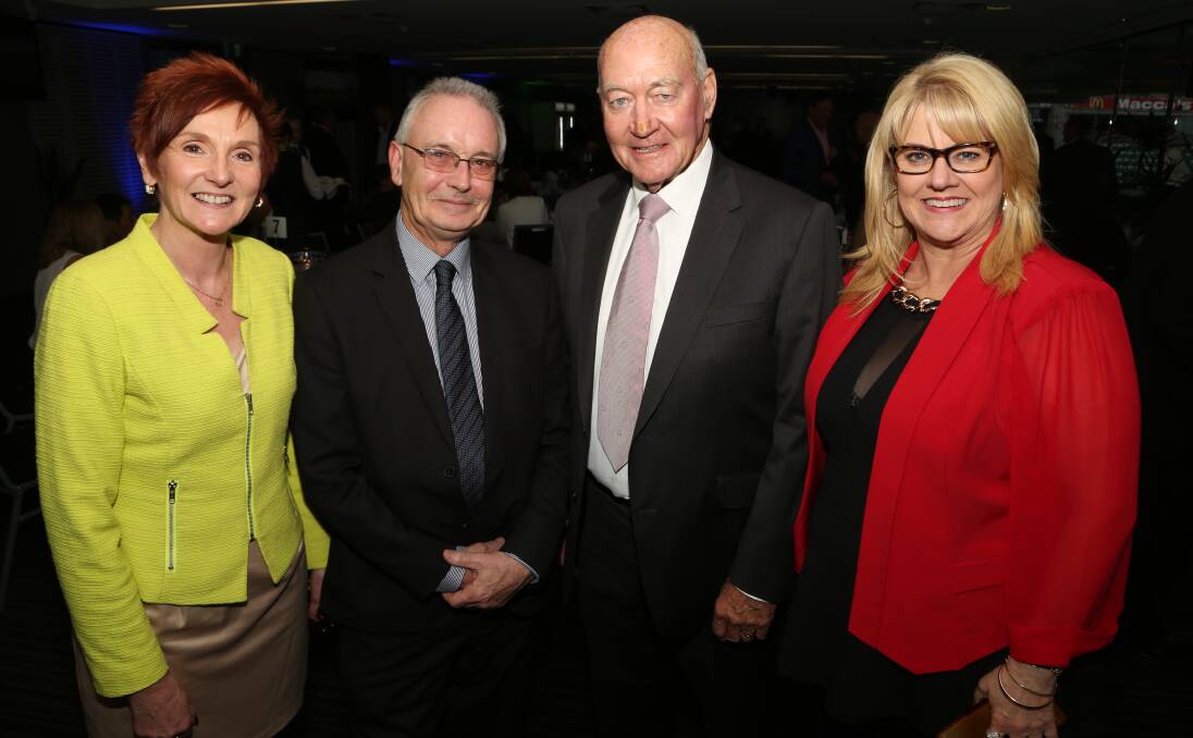 Farewell to a leader: Antoinette (Annie) and Stuart Barnes with Venues NSW chair John Quayle and Vicki Tiegs at a tribute to Mr Barnes after almost 19 years as general manager of WIN Entertainment Centre. Picture: Greg Ellis.

