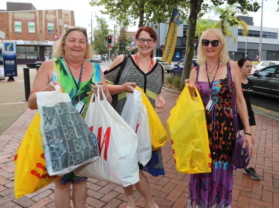 Nice day out: Voyager passengers Sue Clyne, Naomi Clyne & Karen Brown enjoyed Gong shops. Picture: Greg Ellis.



