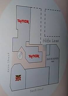 An overview showing the new Globa Lane entrance to TK Maxx and David Jones on the lower ground level of the Gateway Centre in Wollongong Central.
