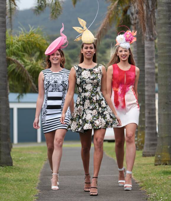 KEMBLA GRANGE FASHION A WINNER: Annastasia Gaylard, Indi James and Whitney Hadfield are ready for the online Fashions on the Field voting competition at Kembla Grange on Melbourne Cup Day. Picture: Adam McLean.

