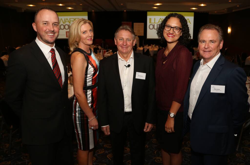 Illawarra Outlook panel: Tim Jones, Jennifer Macquarie, Brian Haratsis, Jancey Malins and Mark Jones at the Property Council lunch at the Novotel Wollongong Northbeach. Picture: Greg Ellis.