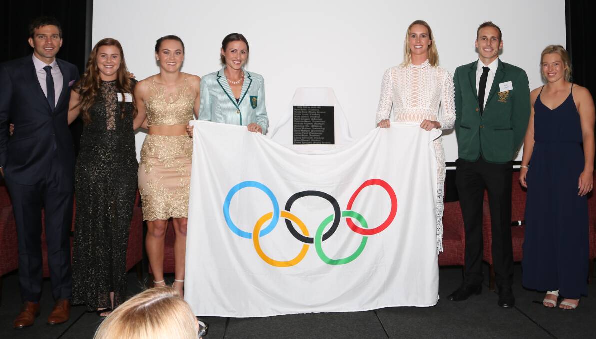 Recognition: Seven of Illawarra's 16 Rio Olympians were present for the unveiling of a plaque for the Olympic Wall in Wollongong. Pic: Greg Ellis.
