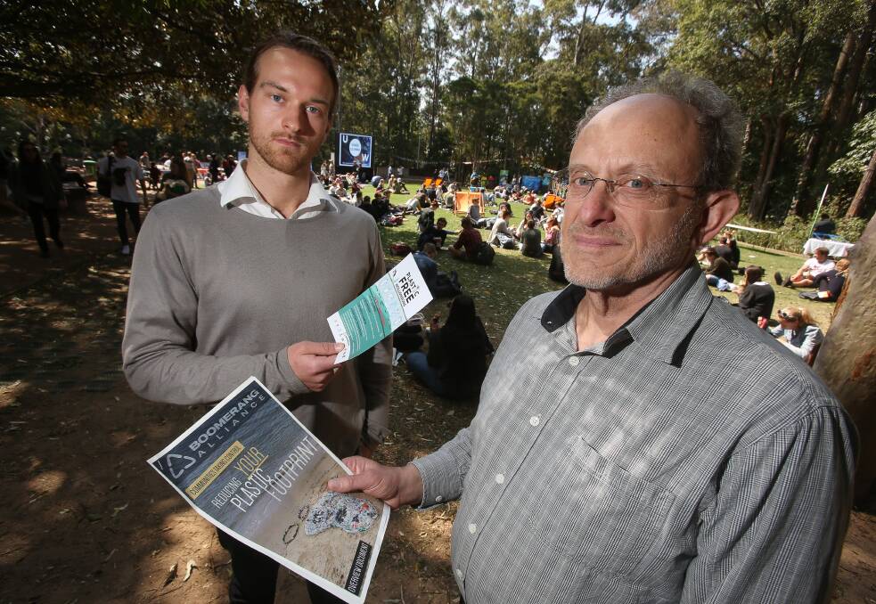 Plastic free mission: Andy Gray and Jeff Angel at the Plastic Free Wollongong launch at the University of Wollongong. Picture: Robert Peet
