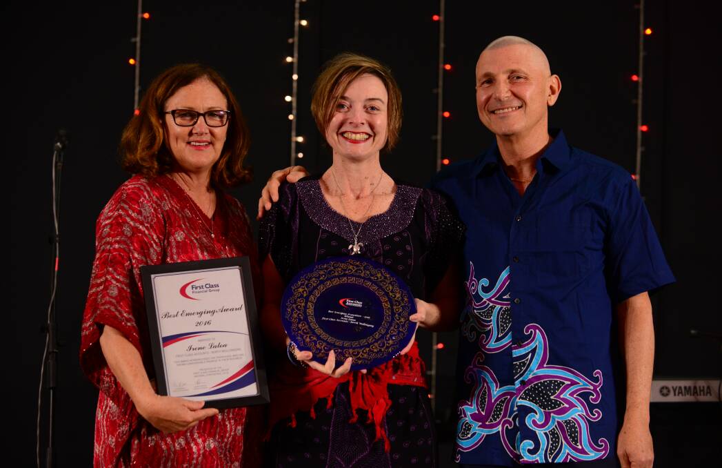Wollongong businesswoman win: Debbie Stanton, Irene Latoa and Clive Barrett at the annual First Class Account Awards. Picture supplied.

