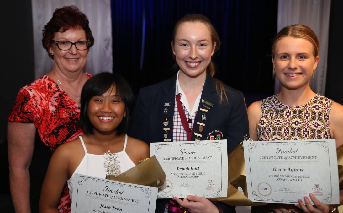 Young leaders recognised: Zonta's Heather Stuart with Jesse Tran, of Smith's Hill High School, Denali Hutt, of The Illawarra Grammar School (TIGS), and Grace Agnew, of St Mary Star of the Sea College. Picture: Greg Ellis.