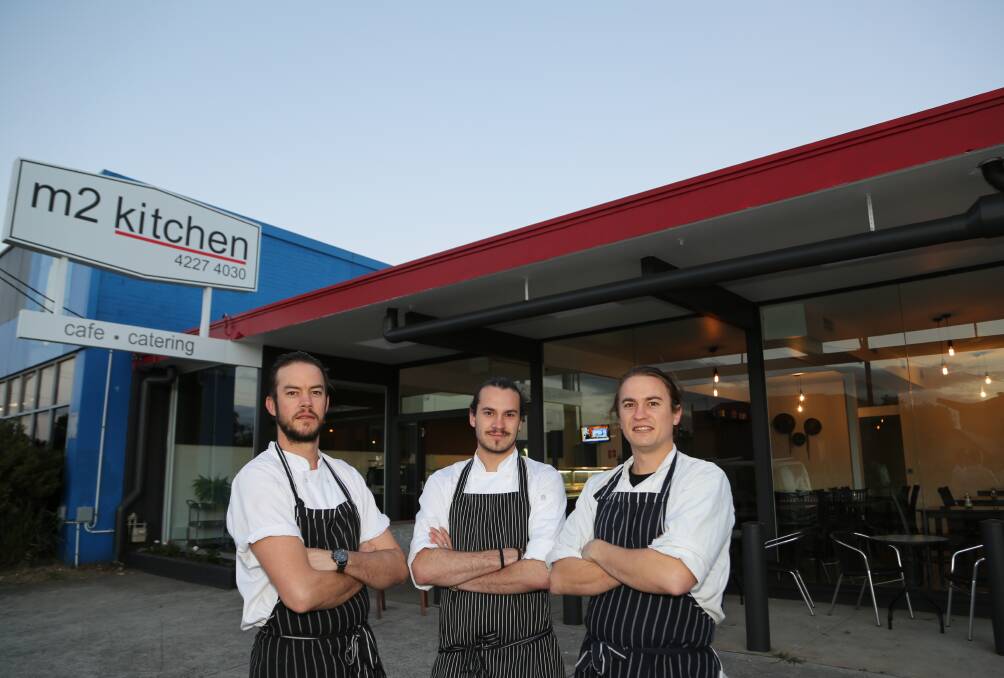 Michael Papac, Ryan Roughley and Martin Papac at their new M2 Kitchen cafe at the southern end of Keira Street. Photo: Greg Ellis