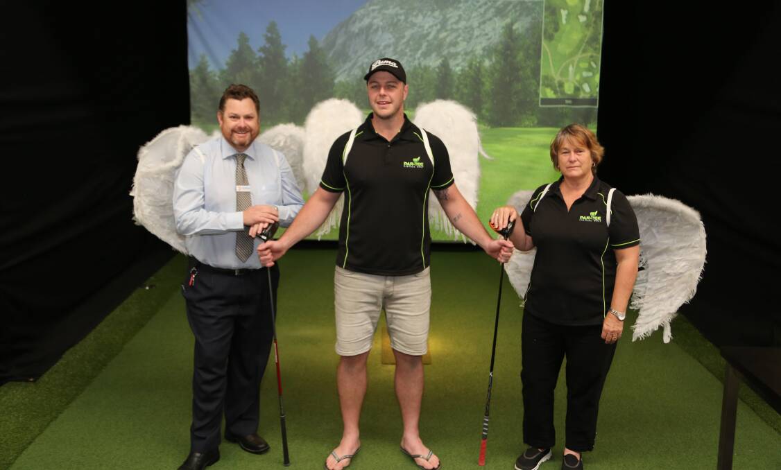 Angels at Work: Craig Mowbray, Sam Cahill and Sue Cahill at Par-Tee Golf in Albion Park Rail. Picture: Greg Ellis.