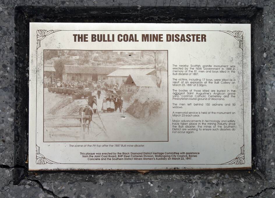 Tragic but important history: The plaque at the Bulli Mine Disaster Memorial. A commemoration service is being held on the 130th anniversary on March 23.
