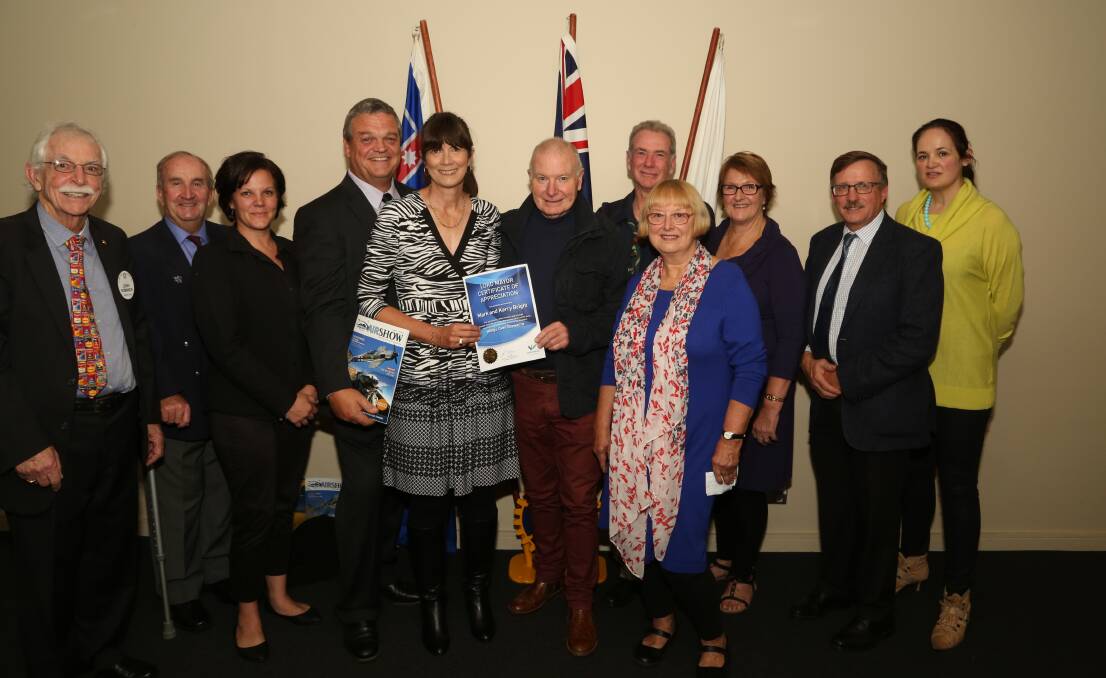 Wings Over Illawarra: Leigh Robinson and Michael Hough with Mark & Kerry Bright and Wollongong Lord Mayor Gordon Bradbery with funding recipients. Picture: Greg Ellis.
