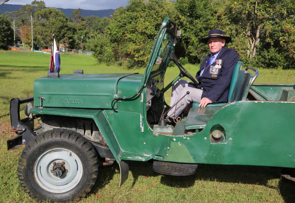 Anzac march: Max Brennan in his Willys Jeep. Picture: Greg Ellis.
