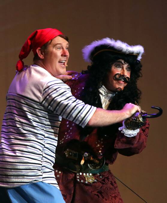 Peter Pan: Illawarra entertainers Trent Bowater and Scott Radburn performing in Peter Pan pantomime at the WIN Entertainment Centre. Picture: Sylvia Liber