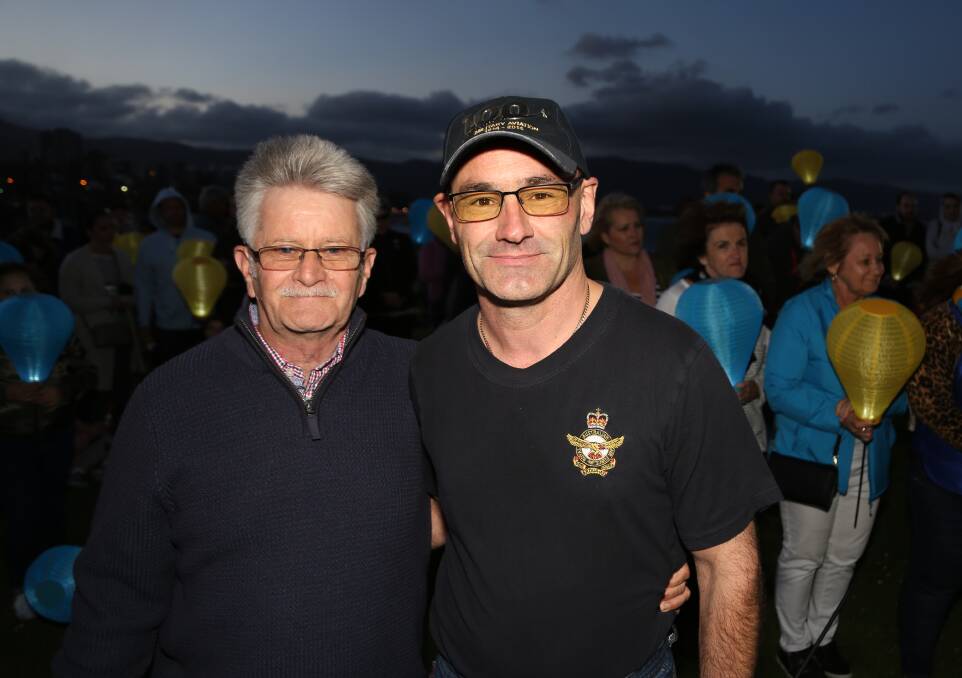 Special bond: Neil Sanderson meets his bone marrow donor Bernard Smith just before they were handed lanterns and walked around Flagstaff Hill for the Leukaemia  Foundation fundraiser Light the Night. Picture: Greg Ellis.

