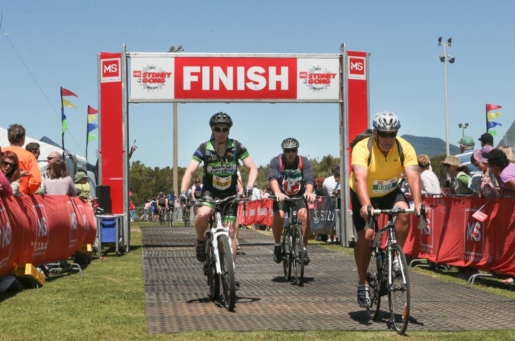 SYDNEY TO THE GONG BIKE RIDE: Cyclists riding across the finish line during the 2014 MS Sydney to the Gong. In 2015 that finish will signal the start of another for some of Australia's elite professional cyclists. Picture: Adam McLean 