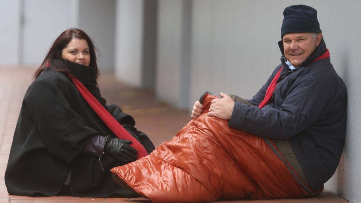 Helping the homeless: Cr Michelle Blicavs and Wollongong City Council general manager David Farmer during a previous Vinnies CEO Sleepout in Wollongong. Picture: Robert Peet, 

