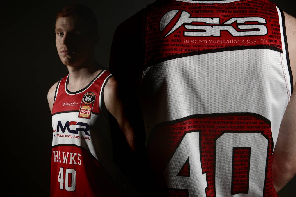YOUNG GUN: Angus Glover models the club's heritage uniform which features the name of every Hawks player in the 40-season history of the NBL. Picture: Adam McLean.