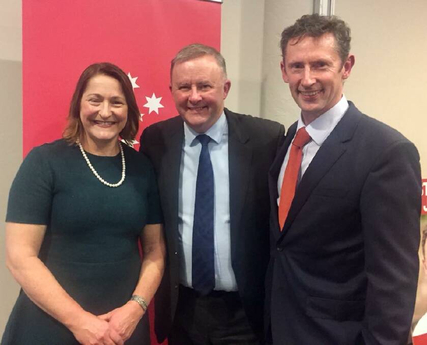 Anthony Albanese (centre) at the Whitlam Oration dinner with Labor's candidate for Gilmore Fiona Phillips and Member for Whitlam Stephen Jones. Picture: Facebook/Fiona Phillips For Gilmore 