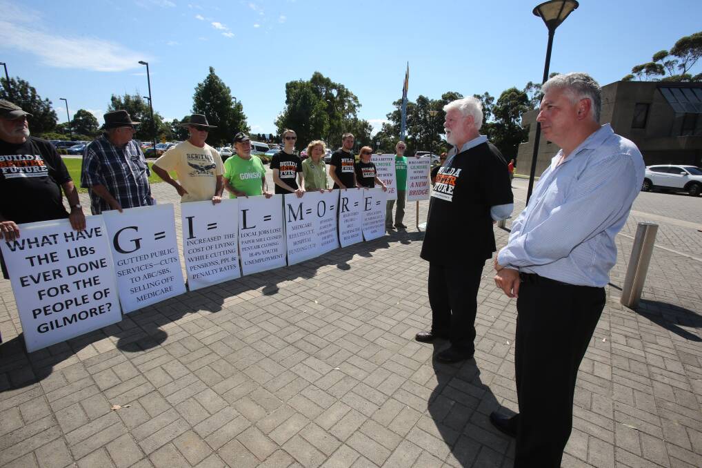 NOT HAPPY: This group, who rallied outside the Shoalhaven Entertainment Centre, were left angry when Prime Minister Malcolm Turnbull used a back door.  