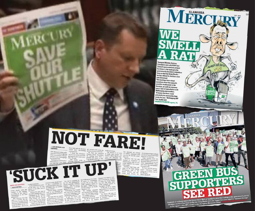 Wollongong MP Paul Scully holds up a copy of last Saturday's Mercury front page aloft in the NSW Parliament this week. Insets: Other Mercury shuttle coverage since November 1. 