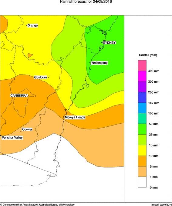 The Bureau of Meteorology's forecast rainfall across the Illawarra on Wednesday. 
