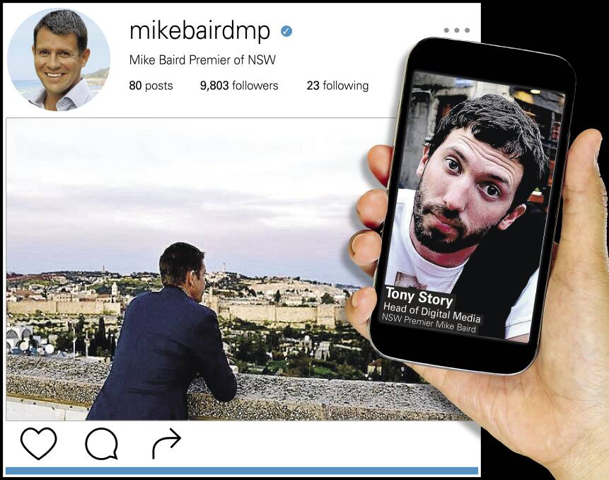 Premier Mike Baird’s latest Instagram post shows him in Israel. Tony Story, who lives in North Wollongong, is Mr Baird's social media adviser. 
