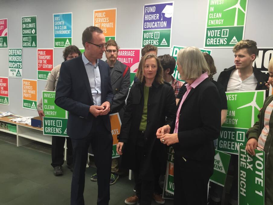 Greens MLC David Shoebridge (left), candidate Cath Blakey and Senator Lee Rhiannon in Wollongong on Friday.