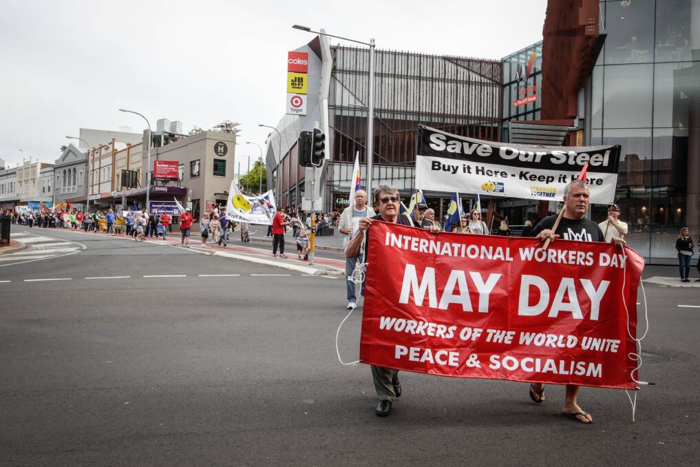 Last year's May Day march makes its way along Wollongong's Crown Street and into the mall.Picture: Georgia Matts