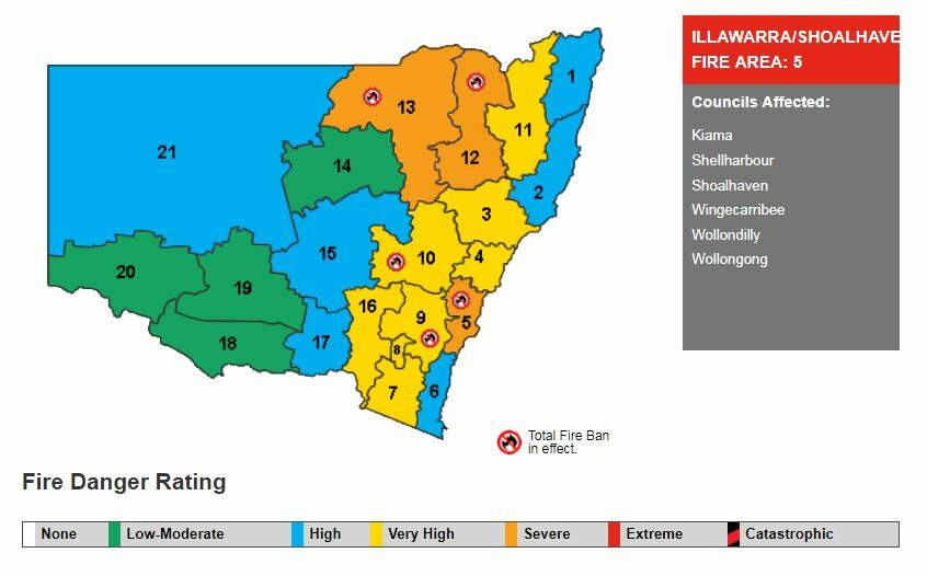 Thursday's fire danger ratings and total fire bans. Source: NSW RFS