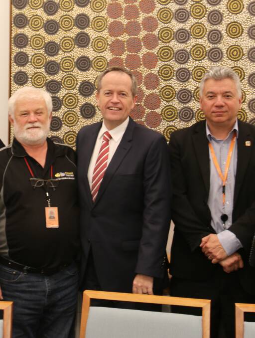 LABOR LISTENS: Wayne Phillips (AWU) and Arthur Rorris (South Coast Labour Council) meet federal Opposition Leader Bill Shorten in Canberra on Thursday. Picture: Supplied