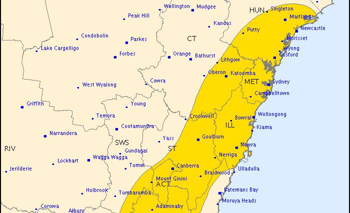 Severe weather warning (damaging winds) area, issued by the Bureau of Meteorology at 11.59am on Tuesday. 