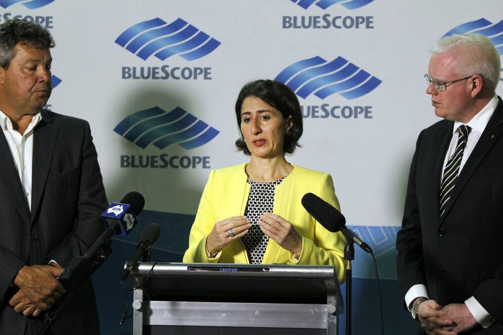 Treasurer Gladys Berejiklian announces payroll tax concessions that would allow BlueScope to keep making steel at Port Kembla. Picture: Sylvia Liber