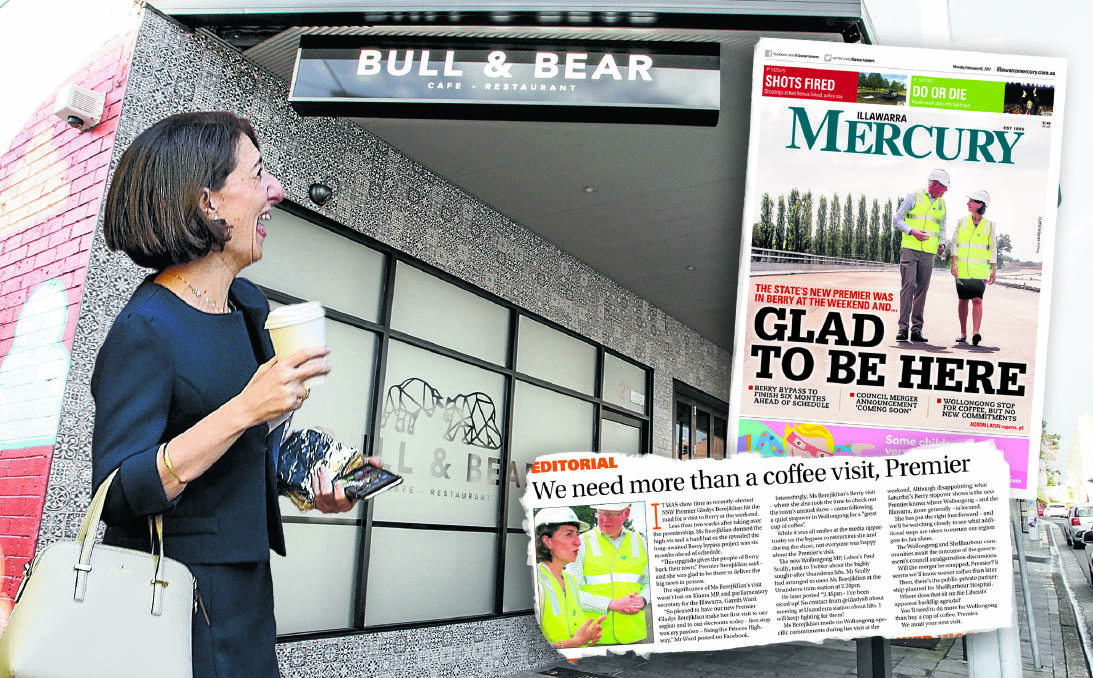 NSW Premier Gladys Berejiklian has revealed she enjoyed a skim mocha from Wollongong's Bull and Bear during a brief stopover in the city while en route to a Berry bypass visit in February. Picture: Digitally altered 
