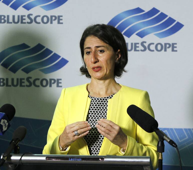 Treasurer Gladys Berejiklian, pictured here making a payroll tax deferral announcement for BlueScope in October. Picture: Sylvia Liber