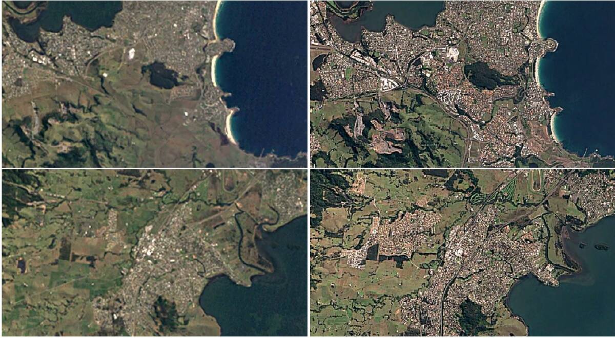 CHANGING LANDSCAPES: The growth in the Shellharbour (top) and the Dapto/Horsley (bottom) areas between 1984 (left) and 2016 (right), as shown in Google timelapse images. Many thriving suburbs were just greenfield 30 years ago.