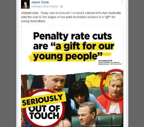 ATTACK: Jason Clare, the Member for Blaxland, uses a Facebook post to slam Gilmore MP Ann Sudmalis' comments.