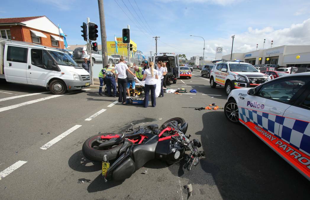 The man was thrown from his bike in this collision at the intersection of Gipps and Flinders streets in Wollongong on Thursday. Picture: Robert Peet
