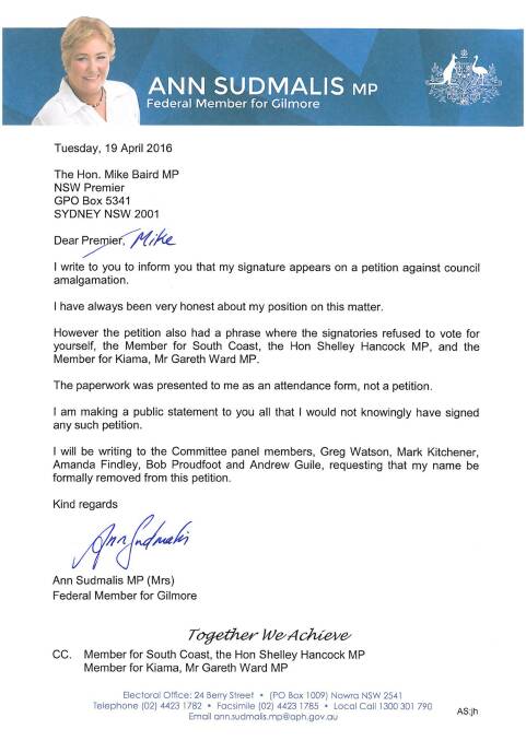 STATEMENT: Gilmore MP Ann Sudmalis' letter to NSW Premier Mike Baird, responding to a signature she says was inadvertently placed on a council merger petition.