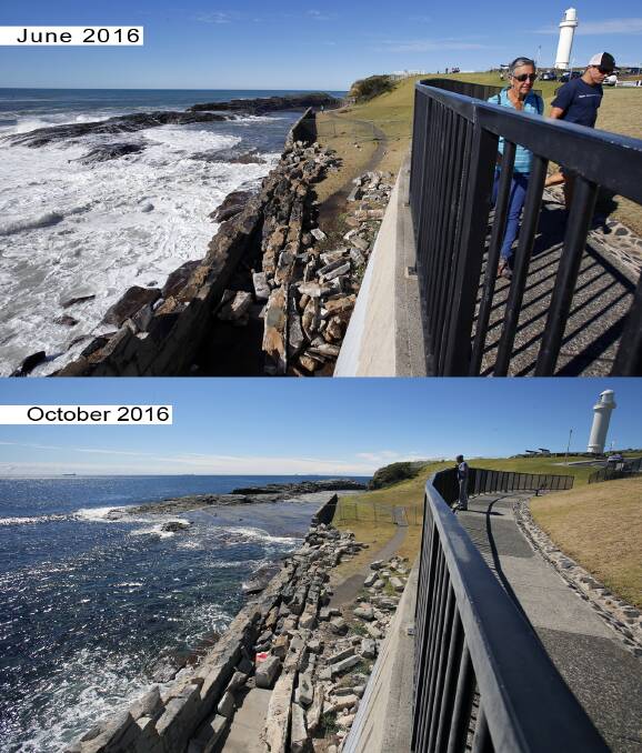 SPOT THE DIFFERENCE: The damaged section of seawall at Wollongong's Flagstaff Hill on June 8 (top) and October 19. The Department of Industry (Lands) says repairs are “in the planning and approval phase”. Pictures: Adam McLean