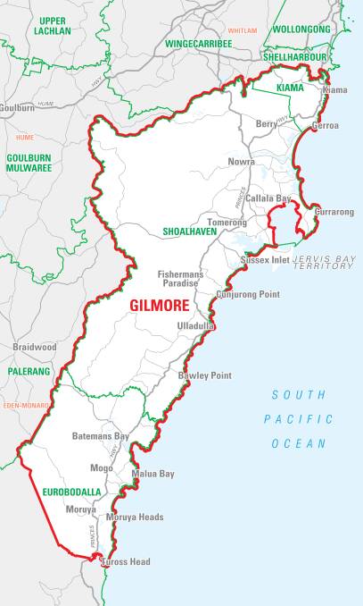 REDISTRIBUTION: Gilmore gains almost 22,000 voters from Eden-Monaro (Liberal). It loses about 16,000 voters from the Shellharbour City Council area to Whitlam (Labor).