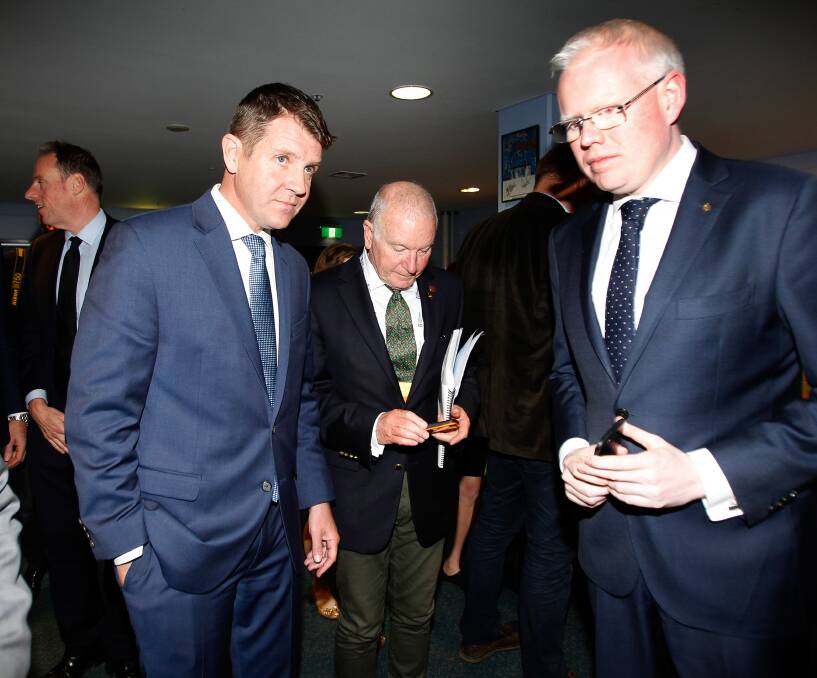 IN TOWN: Premier Mike Baird with Wollongong lord mayor, and Wollongong byelection contender, Gordon Bradbery (centre) and the parliamentary secretary for the Illawarra, Gareth Ward, in Wollongong on Monday. Picture: Sylvia Liber