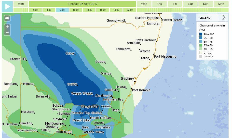 Click through the gallery to see the chance of rainfall at 10am and 1pm on April 25 (Maps current as of 5.40pm on April 24). 