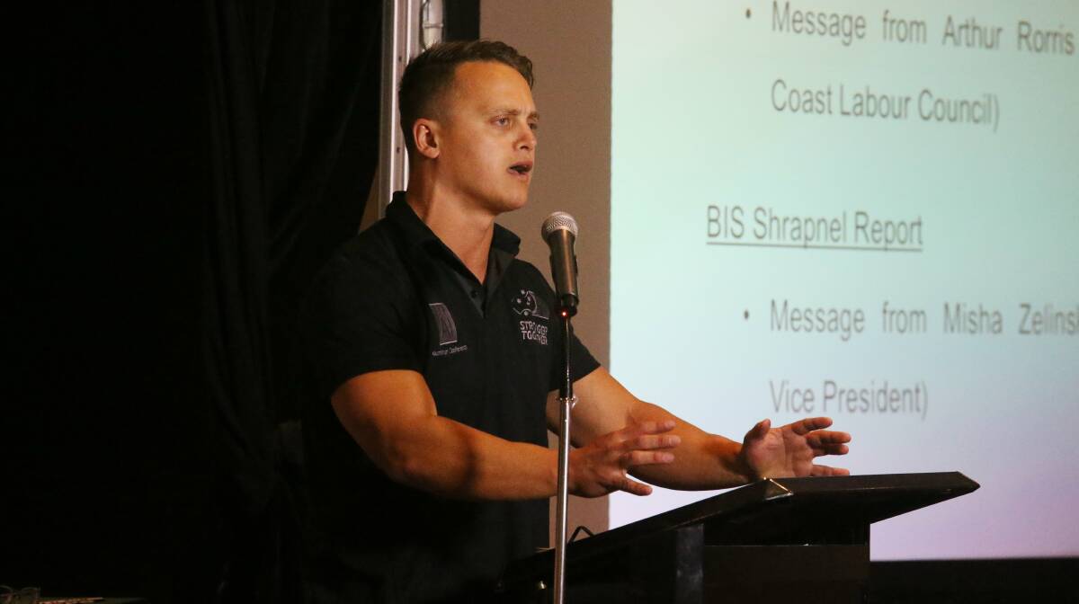 Misha Zelinsky addresses BlueScope workers at a meeting to discuss the future of the Port Kembla steelworks on October 8. Picture: Robert Peet