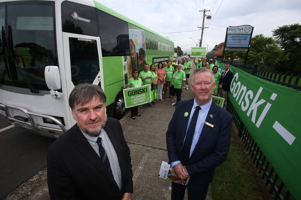 NSW Teachers Federation president Maurie Mulheron (left) and Hayes Park Public School principal Phil Seymour as the Gonski bus visits the Illawarra on Tuesday. Picture: Robert Peet
