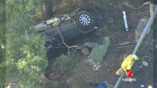 Julie Bullock's vehicle overturned in the crash on the Hume Motorway. Picture: Seven News
