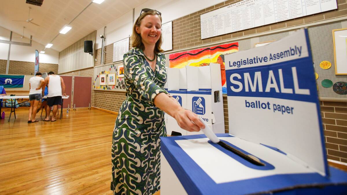 The Greens' Wollongong byelection candidate, Cath Blakey, casts her vote at the Mount St Thomas Public School polling booth on Saturday. Picture: Adam McLean