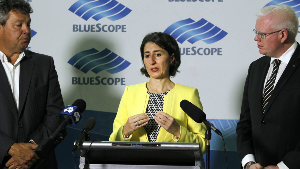 Treasurer Gladys Berejiklian announces payroll tax concessions  in October that would allow BlueScope to keep making steel at Port Kembla. Picture: Sylvia Liber