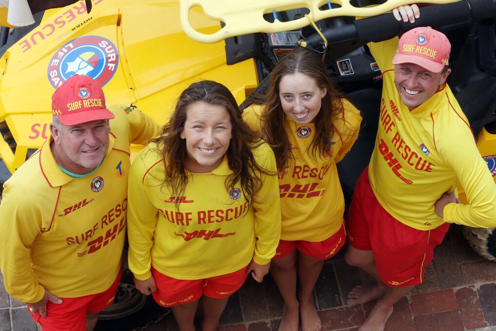 Bulli SLSC members Stuart Brown, Kiah Taylor, Morgan Richards and Dean Dudley. The crew won the NSW Rescue of the Month award for saving swimmers dragged 100 metres out to sea in December. Picture: Robert Peet
