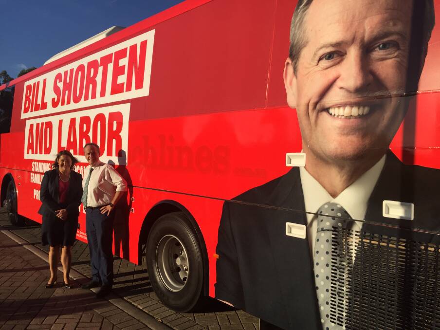 Opposition Leader Bill Shorten and the party's candidate for Gilmore Fiona Phillips with the 'Bill Bus' outside Shoalhaven Entertainment Centre in Nowra last week. Picture: Rob Crawford