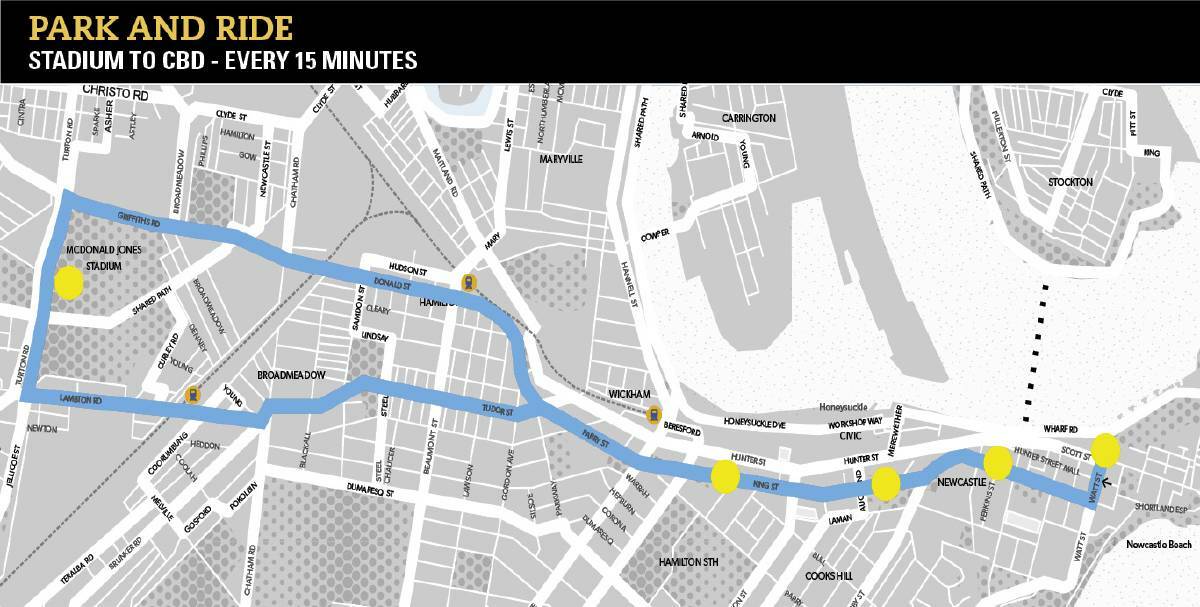 The proposed path that the morning and afternoon park and ride buses will take between McDonald Jones Stadium, at Broadmeadow, and Newcastle CBD from Monday.